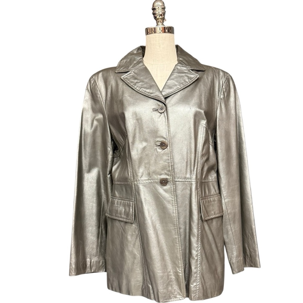 Siena Studio Metallic Gray Leather Jacket Blazer Vintage Large, 90s Leather